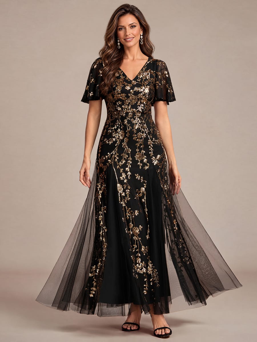Tiered Tulle Sequin Ruffle Sleeve Dress #color_Black & Gold