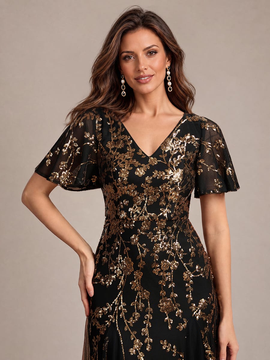 Tiered Tulle Sequin Ruffle Sleeve Dress #color_Black & Gold