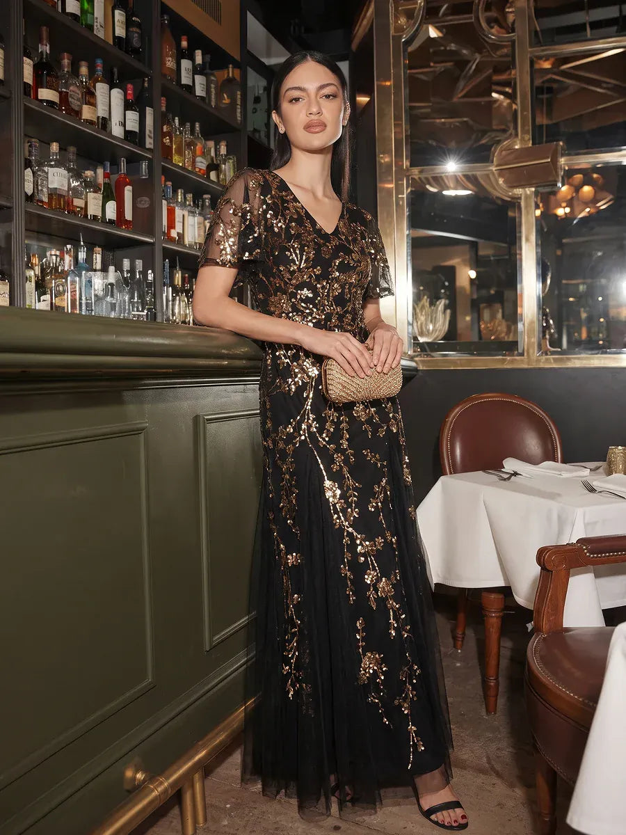 Tiered Tulle Sequin Ruffle Sleeve Dress #color_Black & Gold