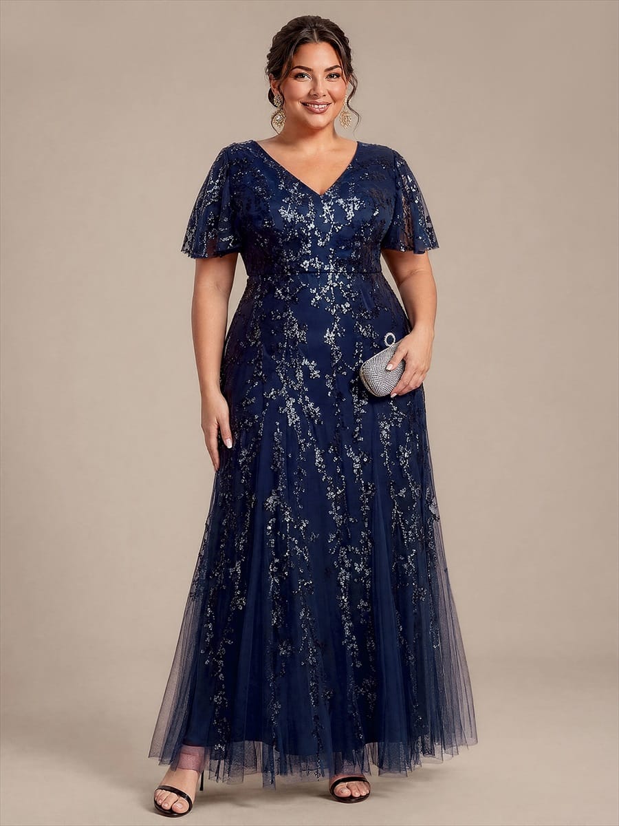 Tiered Tulle Sequin Ruffle Sleeve Dress #color_Navy Blue