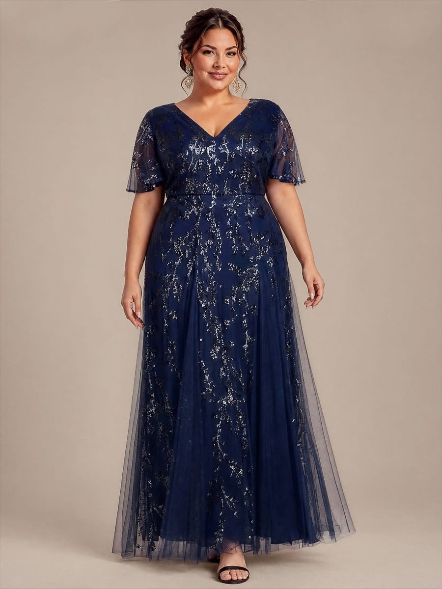 Tiered Tulle Sequin Ruffle Sleeve Dress #color_Navy Blue