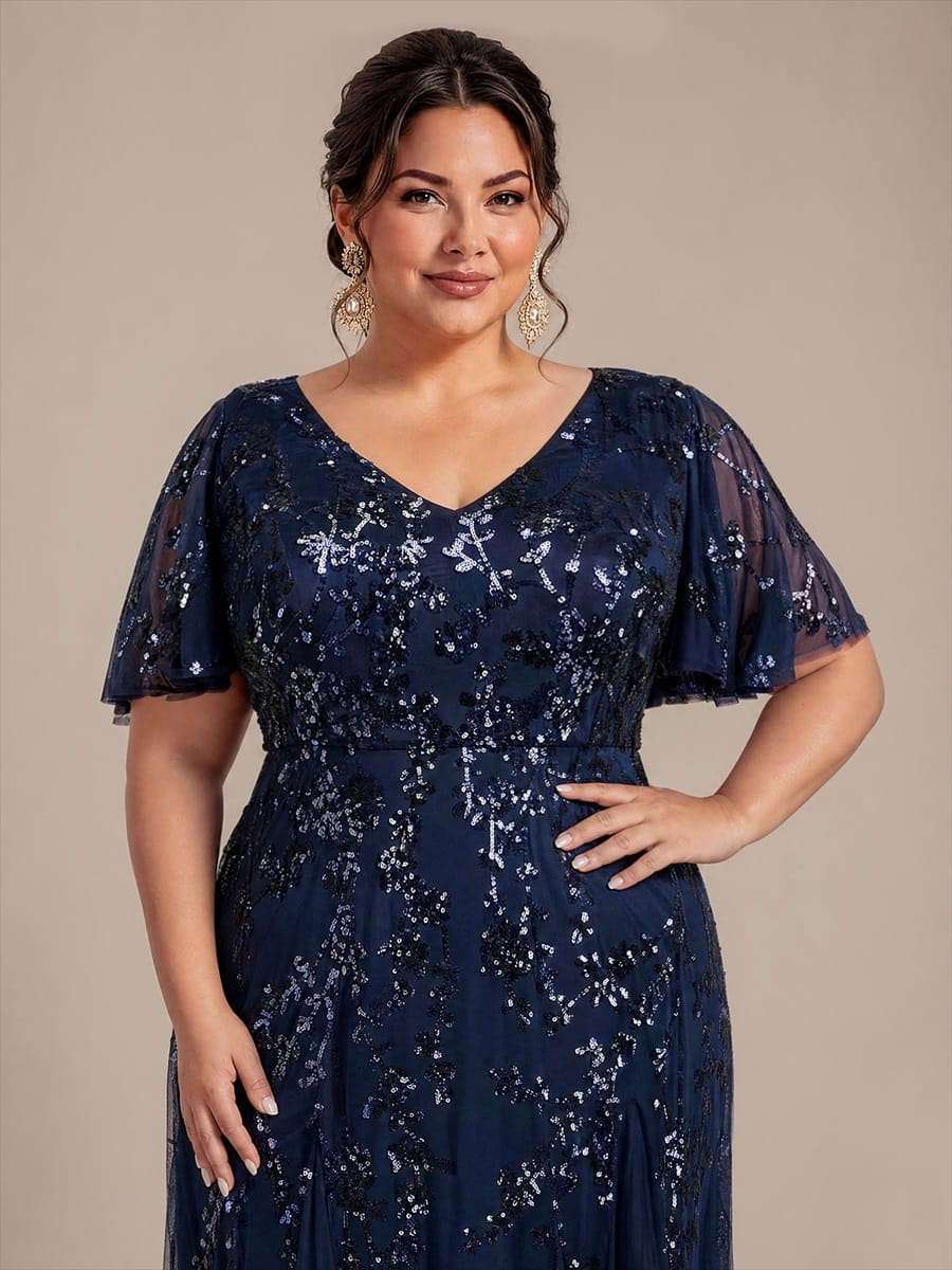Tiered Tulle Sequin Ruffle Sleeve Dress #color_Navy Blue