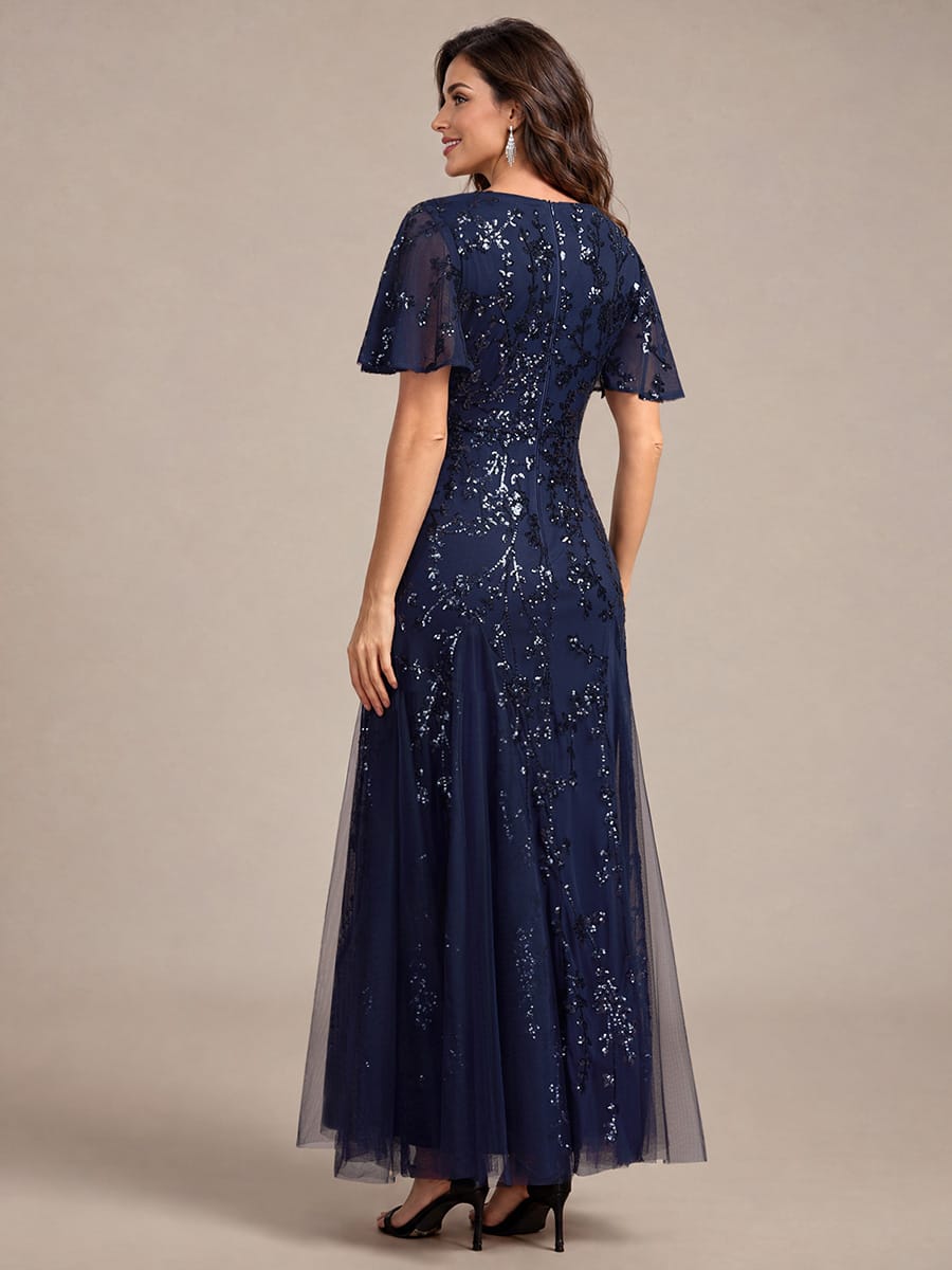 Tiered Tulle Sequin Ruffle Sleeve Dress #color_Navy Blue