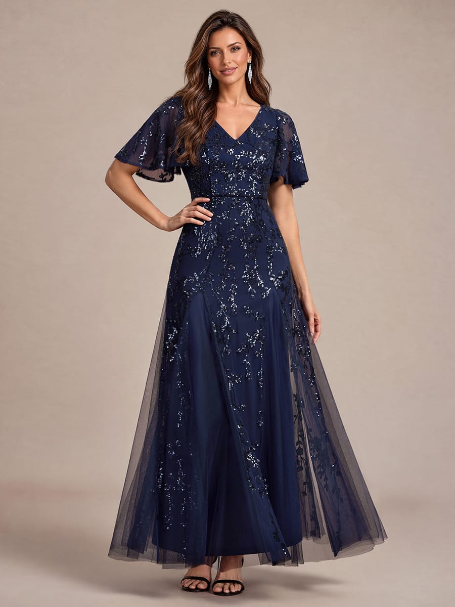 Tiered Tulle Sequin Ruffle Sleeve Dress #color_Navy Blue