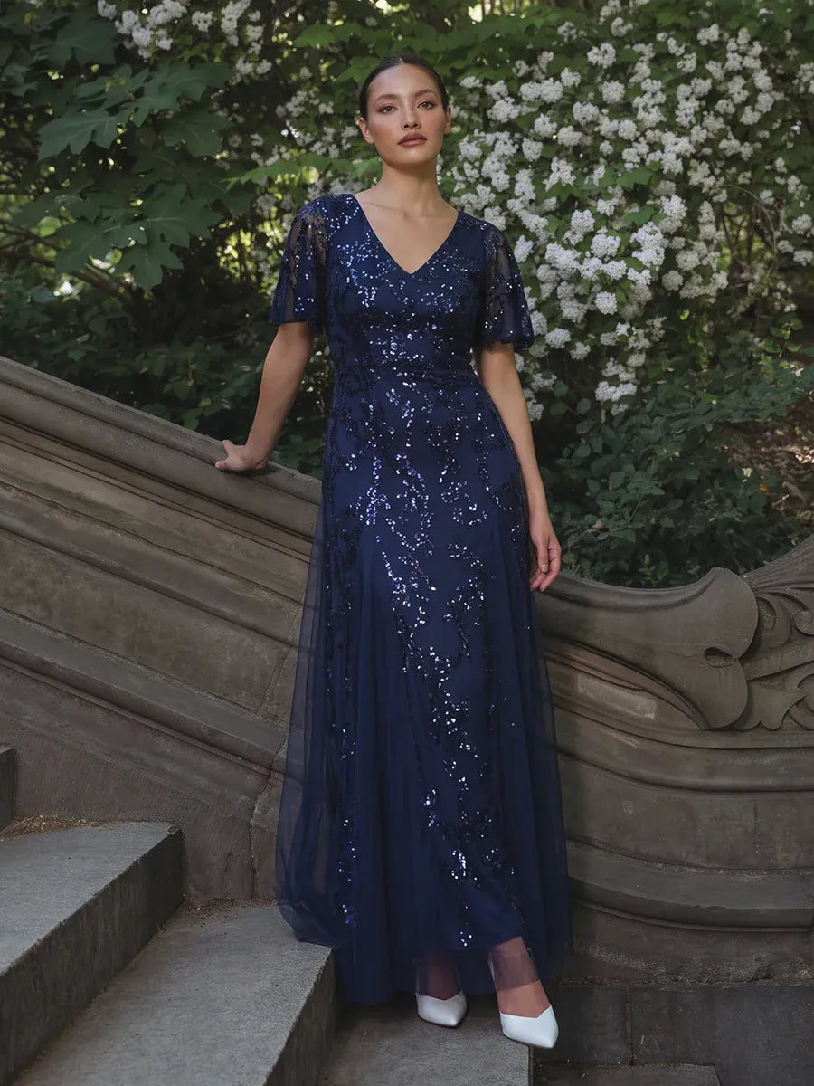 Tiered Tulle Sequin Ruffle Sleeve Dress #color_Navy Blue