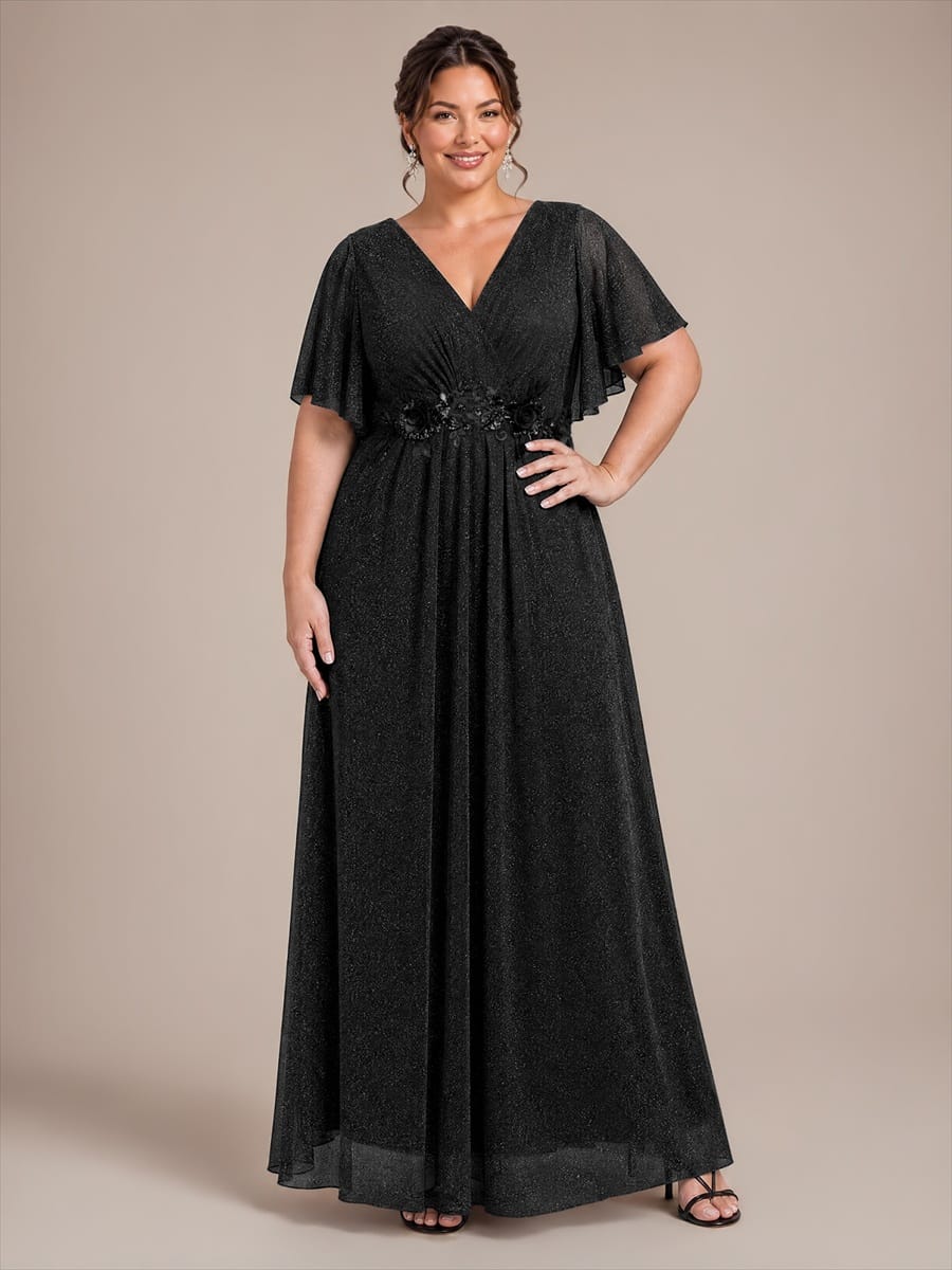 Pleated Lurex Mesh Ruffle Sleeve Dress #color_Black