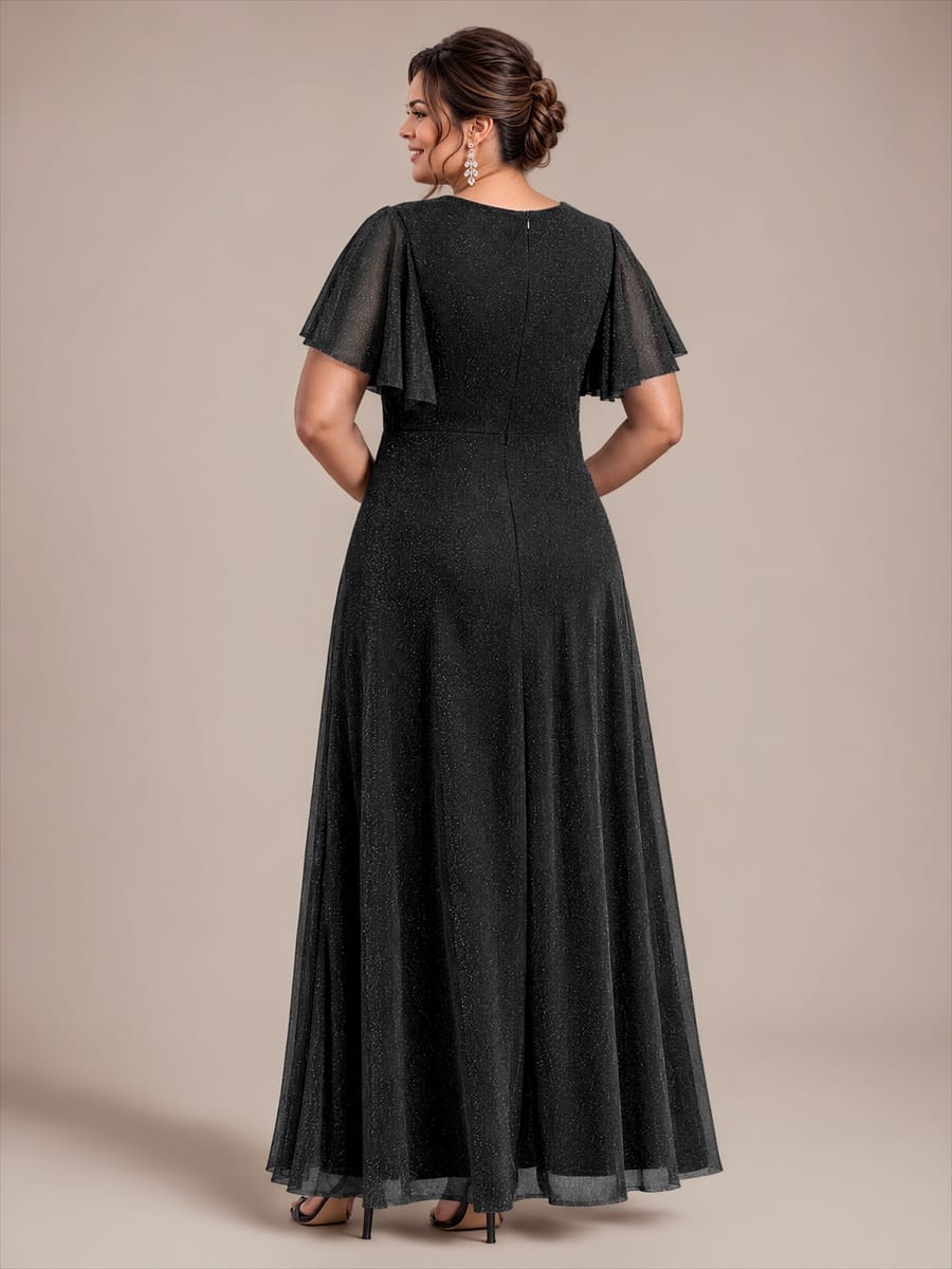 Pleated Lurex Mesh Ruffle Sleeve Dress #color_Black