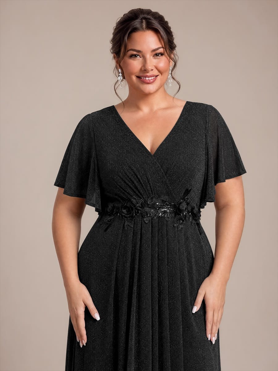 Pleated Lurex Mesh Ruffle Sleeve Dress #color_Black