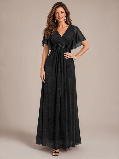 Pleated Lurex Mesh Ruffle Sleeve Evening Dress