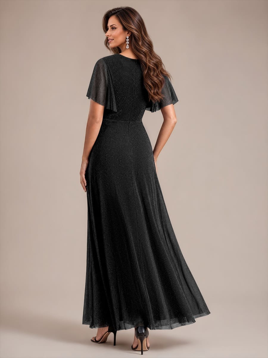 Pleated Lurex Mesh Ruffle Sleeve Dress #color_Black