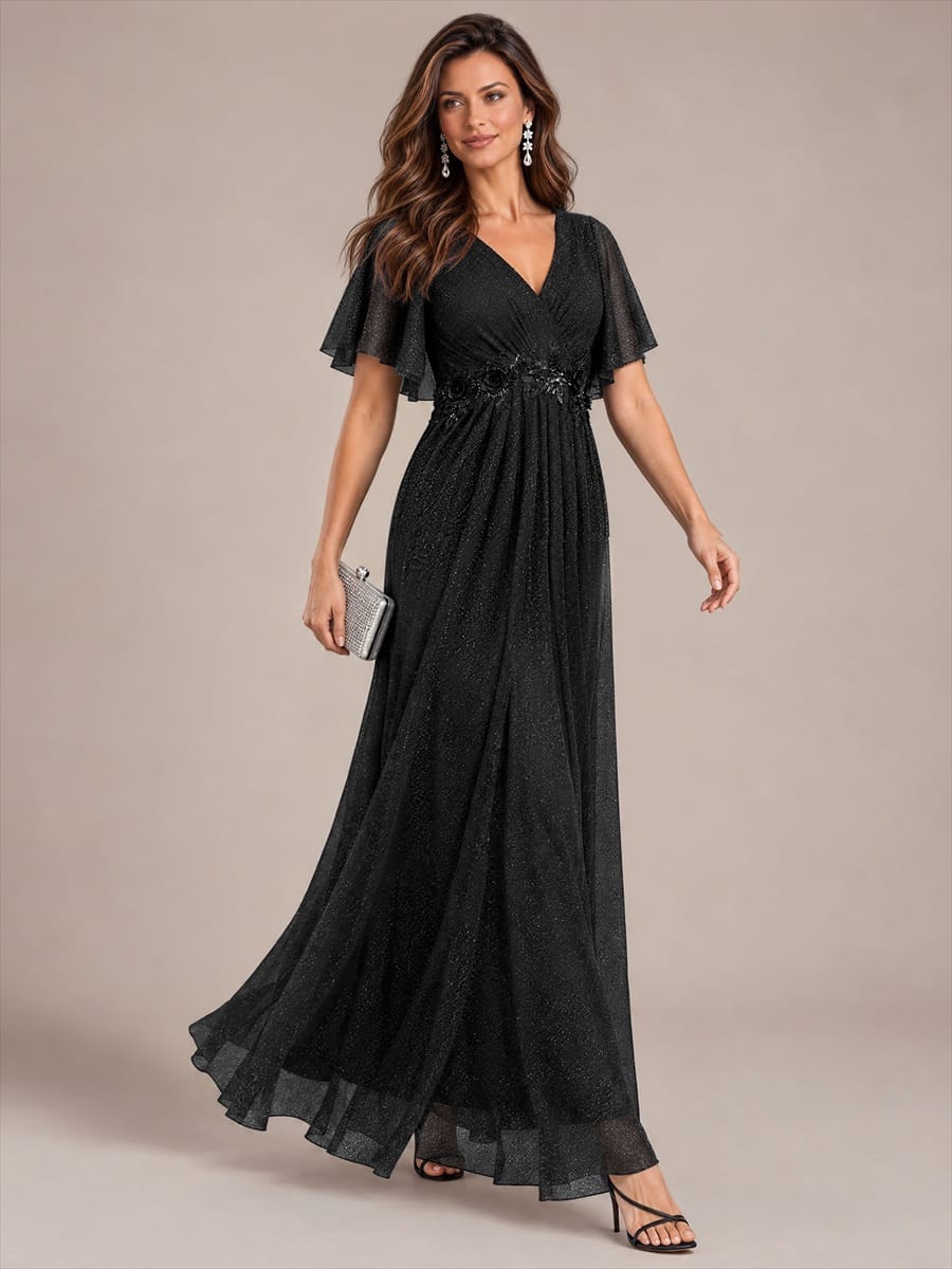 Pleated Lurex Mesh Ruffle Sleeve Dress #color_Black