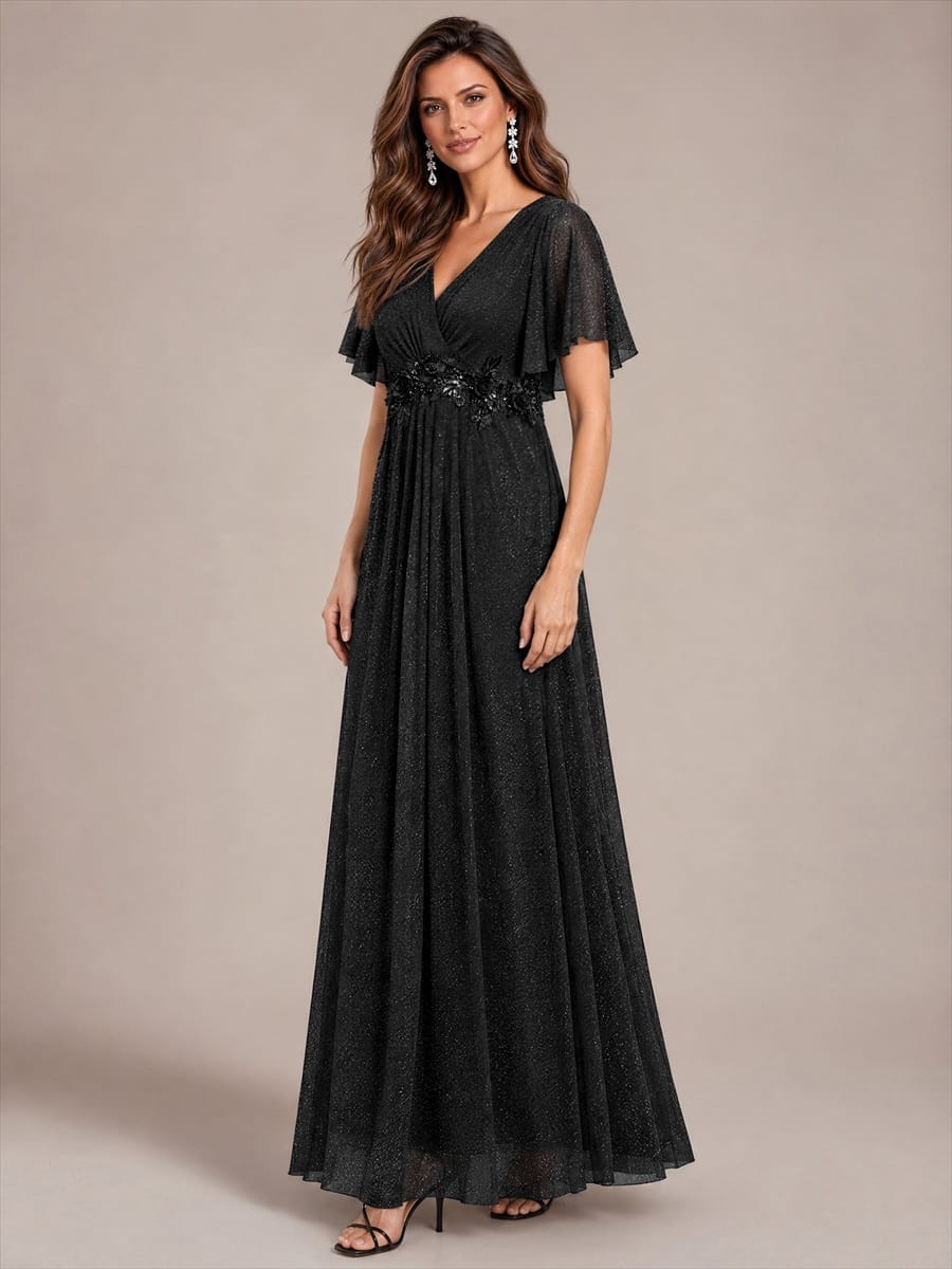 Pleated Lurex Mesh Ruffle Sleeve Dress #color_Black