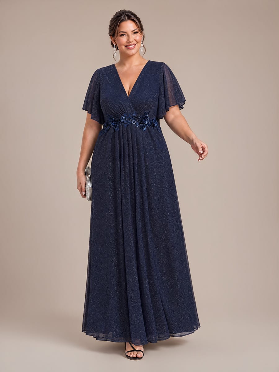Pleated Lurex Mesh Ruffle Sleeve Dress #color_Navy Blue
