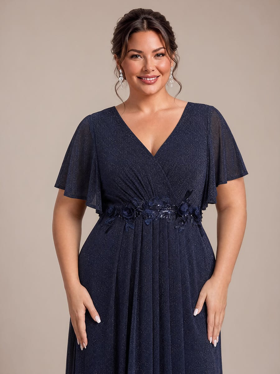 Pleated Lurex Mesh Ruffle Sleeve Dress #color_Navy Blue