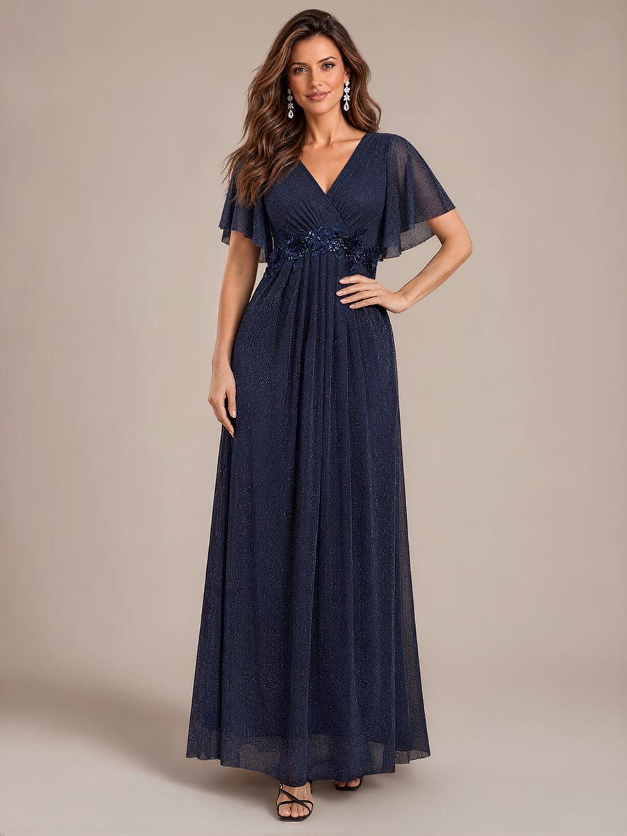 Pleated Lurex Mesh Ruffle Sleeve Dress #color_Navy Blue