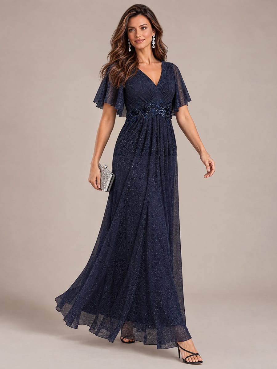 Pleated Lurex Mesh Ruffle Sleeve Dress #color_Navy Blue