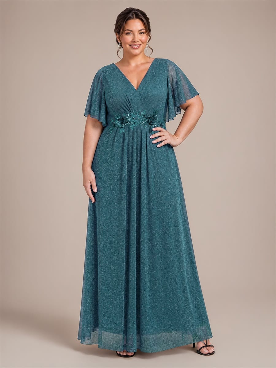 Pleated Lurex Mesh Ruffle Sleeve Dress #color_Teal Blue