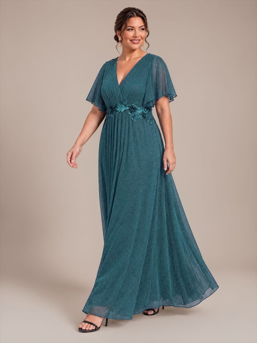 Pleated Lurex Mesh Ruffle Sleeve Dress #color_Teal Blue