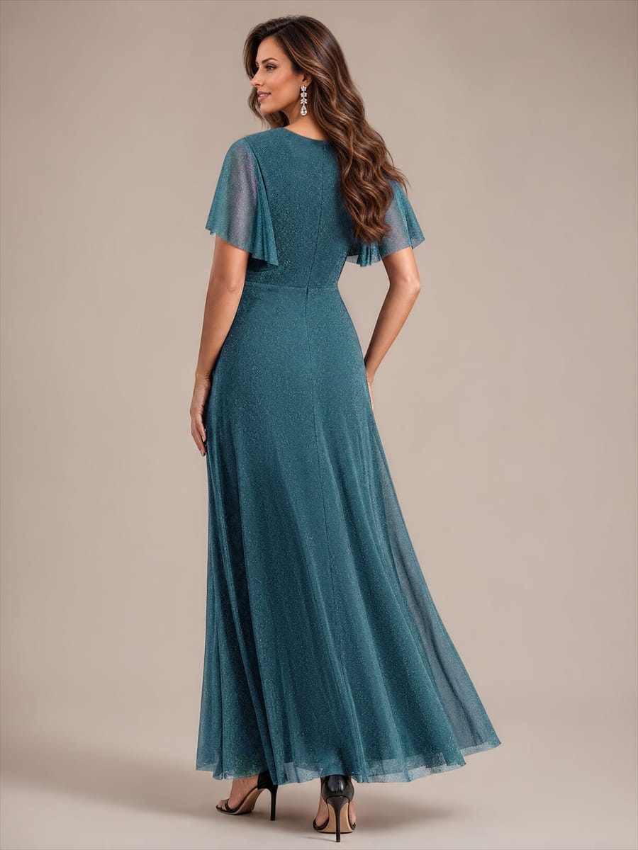 Pleated Lurex Mesh Ruffle Sleeve Dress #color_Teal Blue