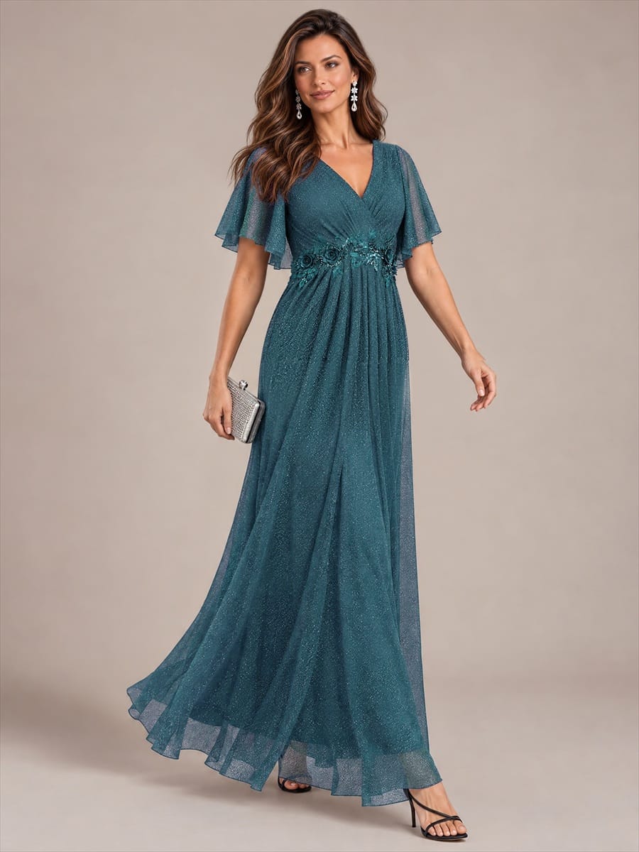 Pleated Lurex Mesh Ruffle Sleeve Dress #color_Teal Blue