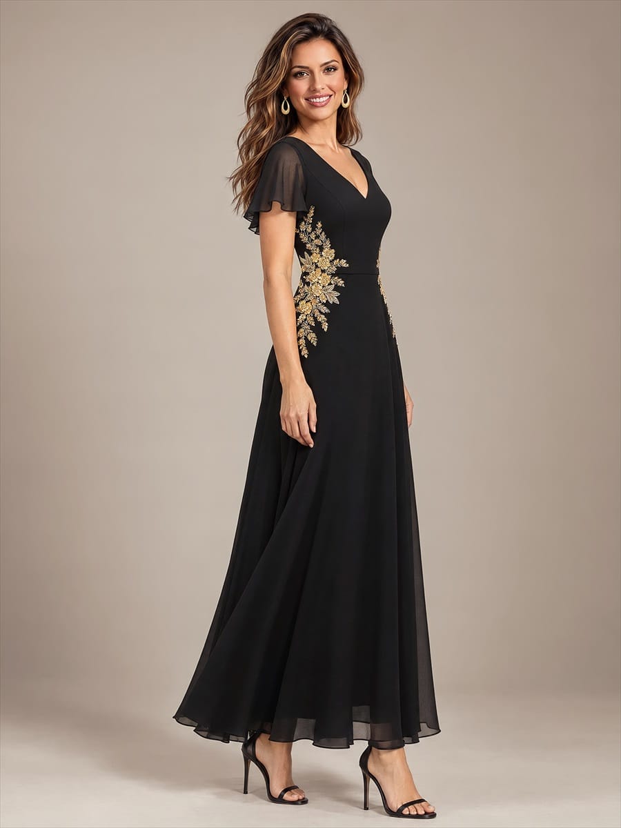 Sequin Beaded Chiffon Maxi V Neckline Evening Dress #color_Black