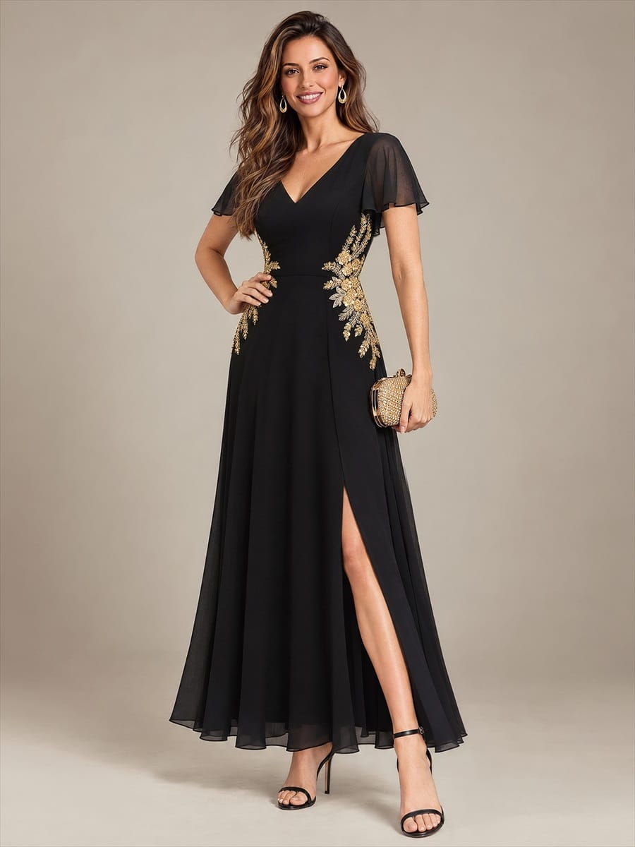 Sequin Beaded Chiffon Maxi V Neckline Evening Dress #color_Black
