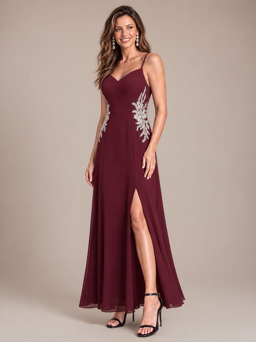 Sequin Chiffon Maxi V Neckline Sleeveless Evening Dress #color_Burgundy