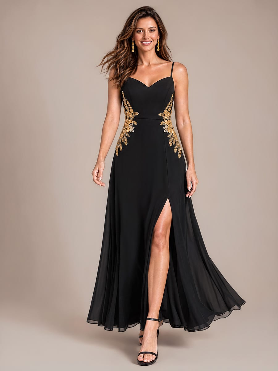 Sequin Chiffon Maxi V Neckline Sleeveless Evening Dress #color_Black