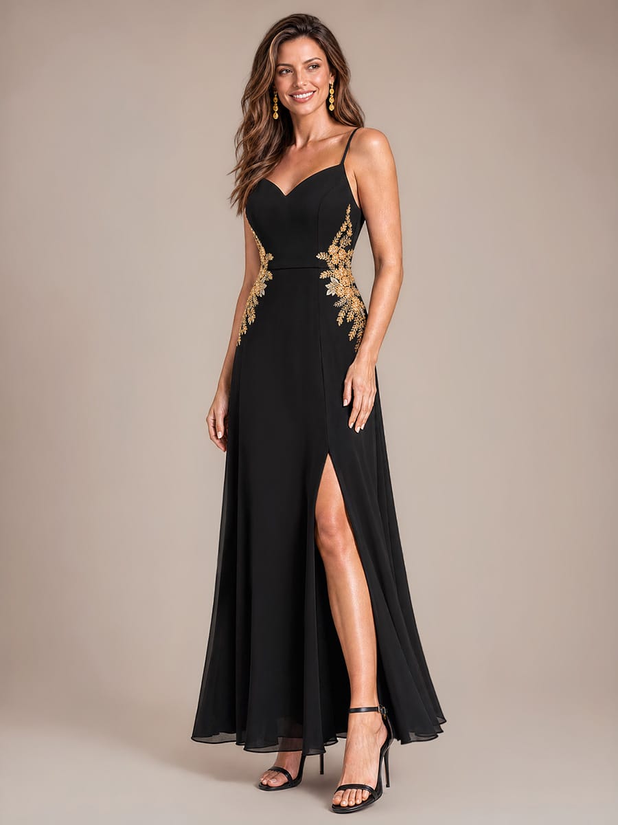 Sequin Chiffon Maxi V Neckline Sleeveless Evening Dress #color_Black