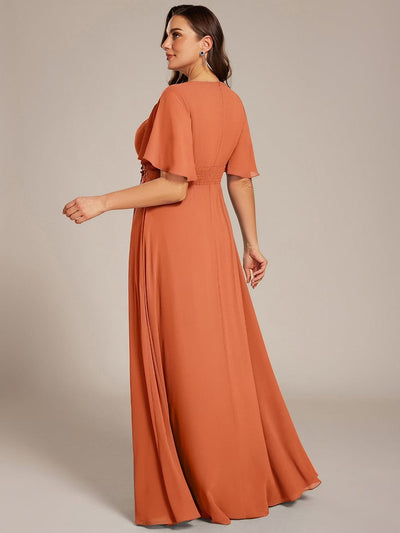 Pleated Short Sleeve Ruffled Maxi Evening Dress #color_Brandied Melon