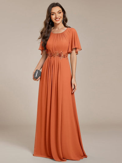 Pleated Short Sleeve Ruffled Maxi Evening Dress #color_Brandied Melon