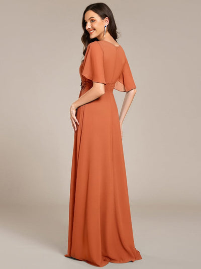 Pleated Short Sleeve Ruffled Maxi Evening Dress #color_Brandied Melon