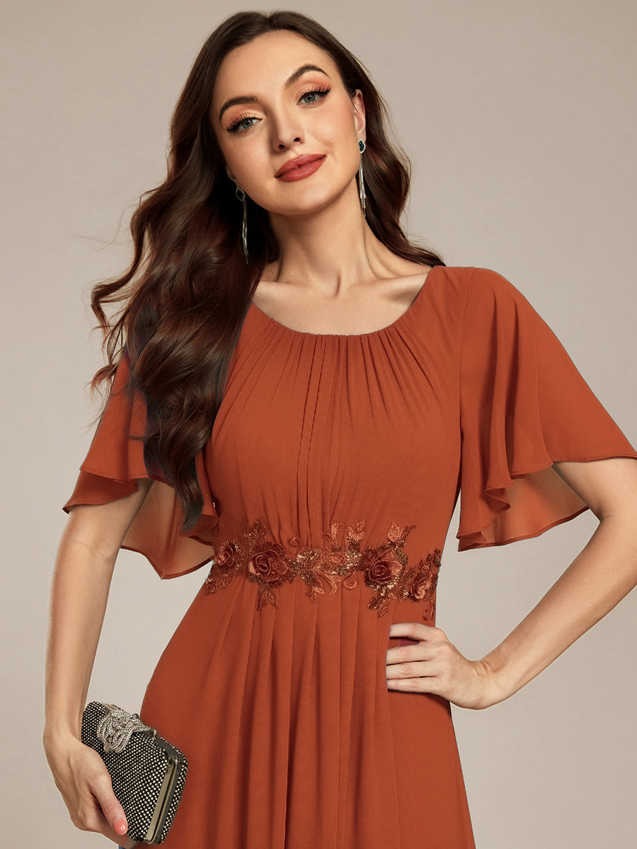 Pleated Short Sleeve Ruffled Maxi Evening Dress #color_Burnt Orange