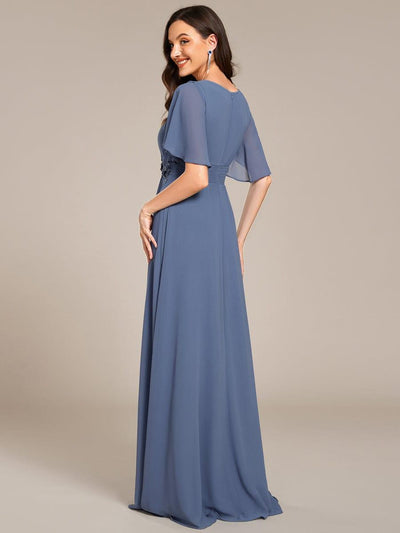 Pleated Short Sleeve Ruffled Maxi Evening Dress #color_Dusty Blue