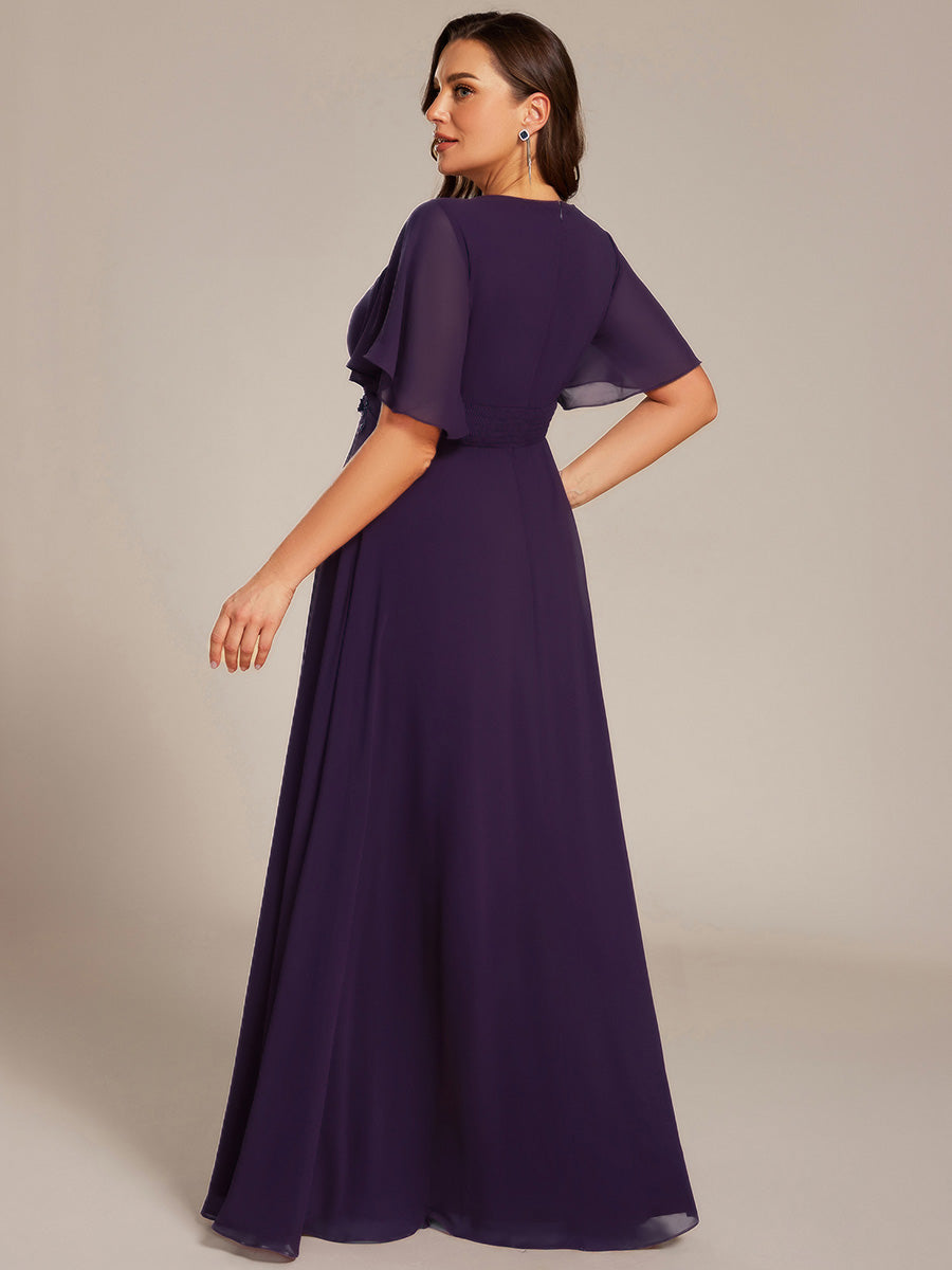 Pleated Short Sleeve Ruffled Maxi Evening Dress #color_Dark Purple
