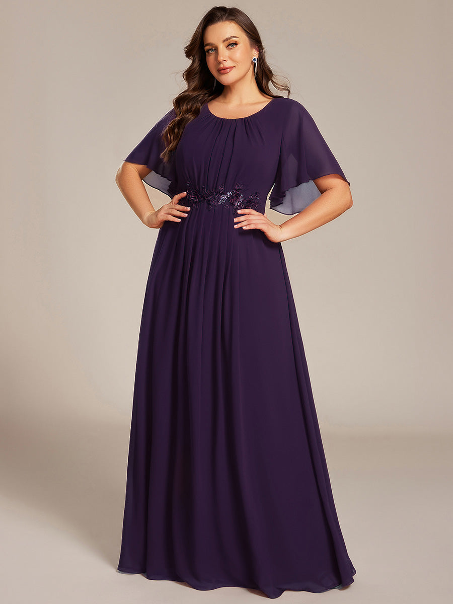 Pleated Short Sleeve Ruffled Maxi Evening Dress #color_Dark Purple