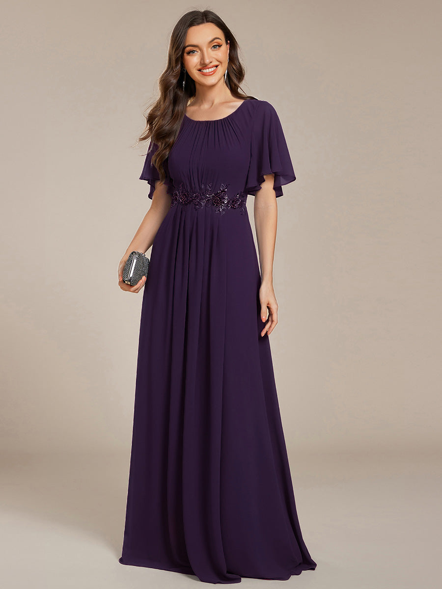 Pleated Short Sleeve Ruffled Maxi Evening Dress #color_Dark Purple