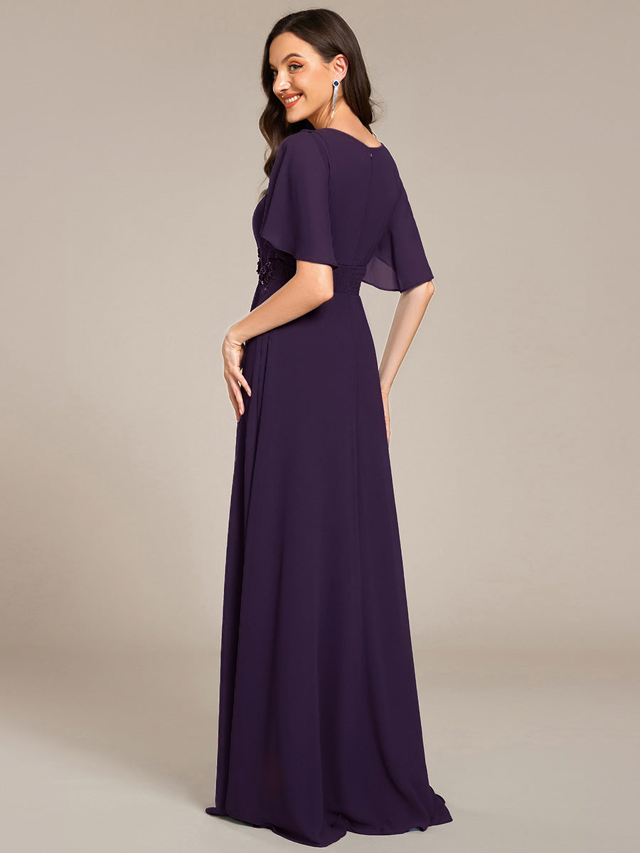 Pleated Short Sleeve Ruffled Maxi Evening Dress #color_Dark Purple