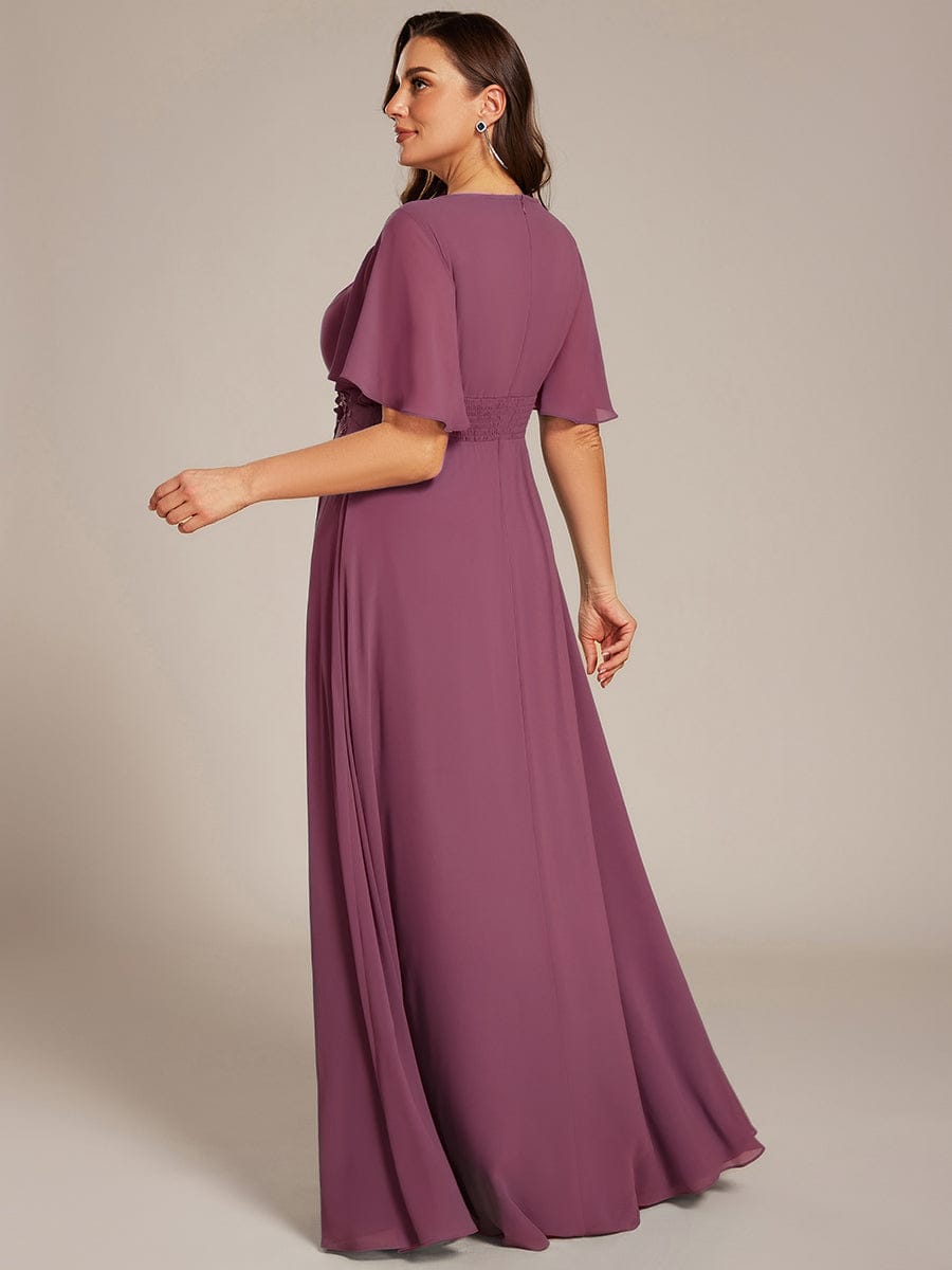 Pleated Short Sleeve Ruffled Maxi Evening Dress #color_Damson