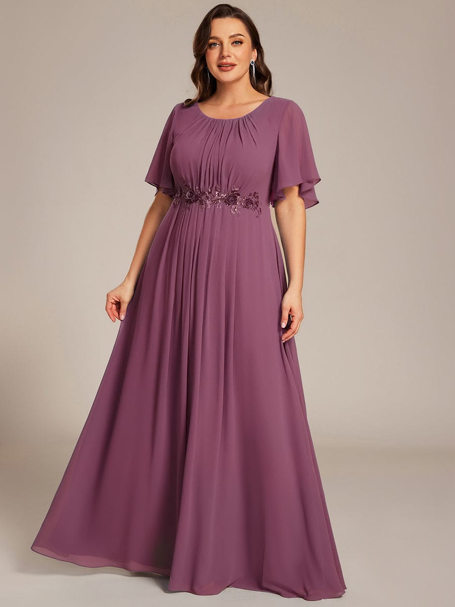 Pleated Short Sleeve Ruffled Maxi Evening Dress #color_Damson