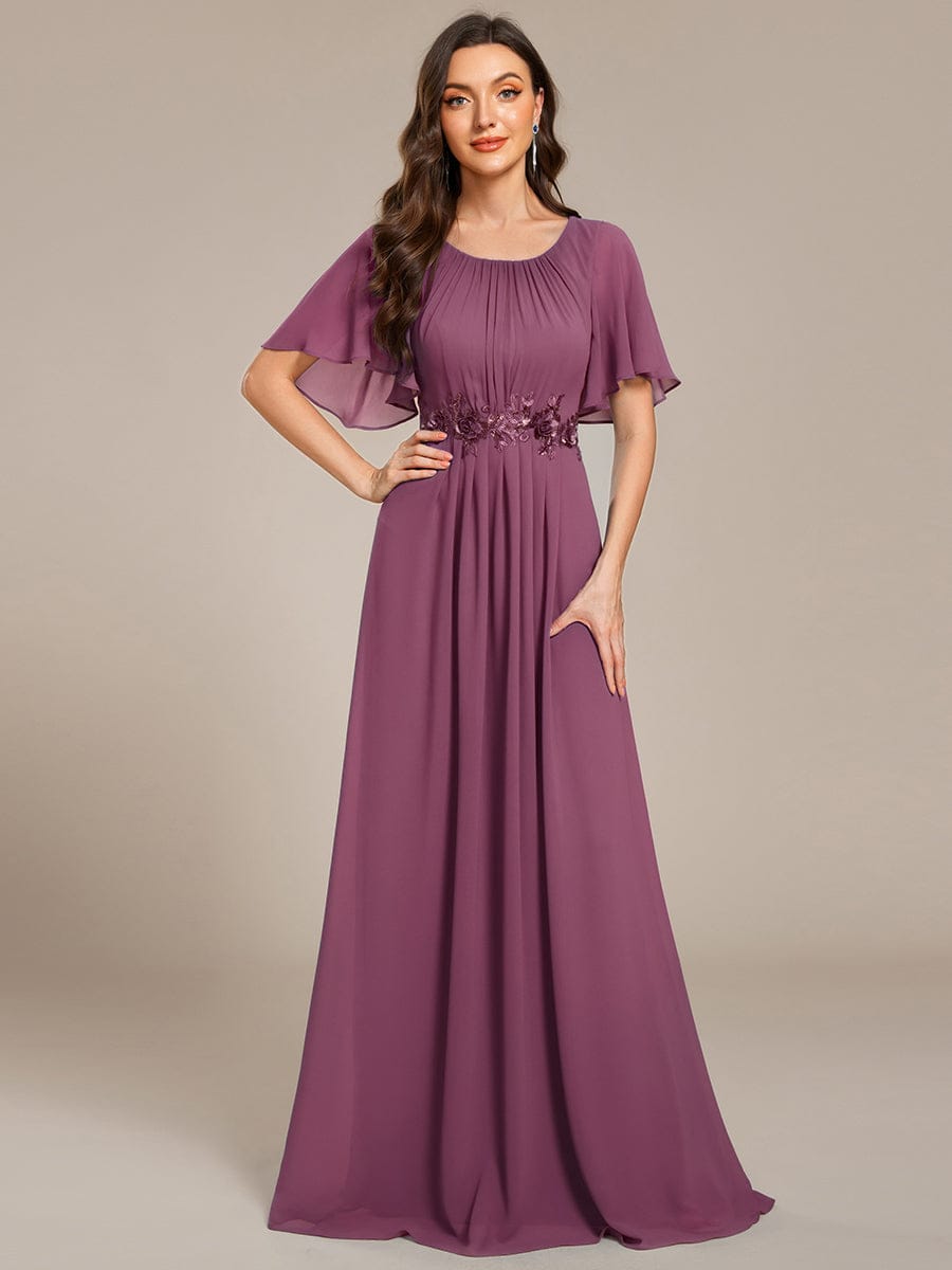 Pleated Short Sleeve Ruffled Maxi Evening Dress #color_Damson