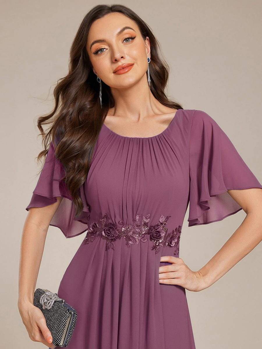 Pleated Short Sleeve Ruffled Maxi Evening Dress #color_Damson