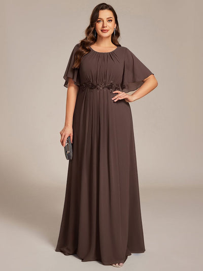Pleated Short Sleeve Ruffled Maxi Evening Dress #color_Espresso