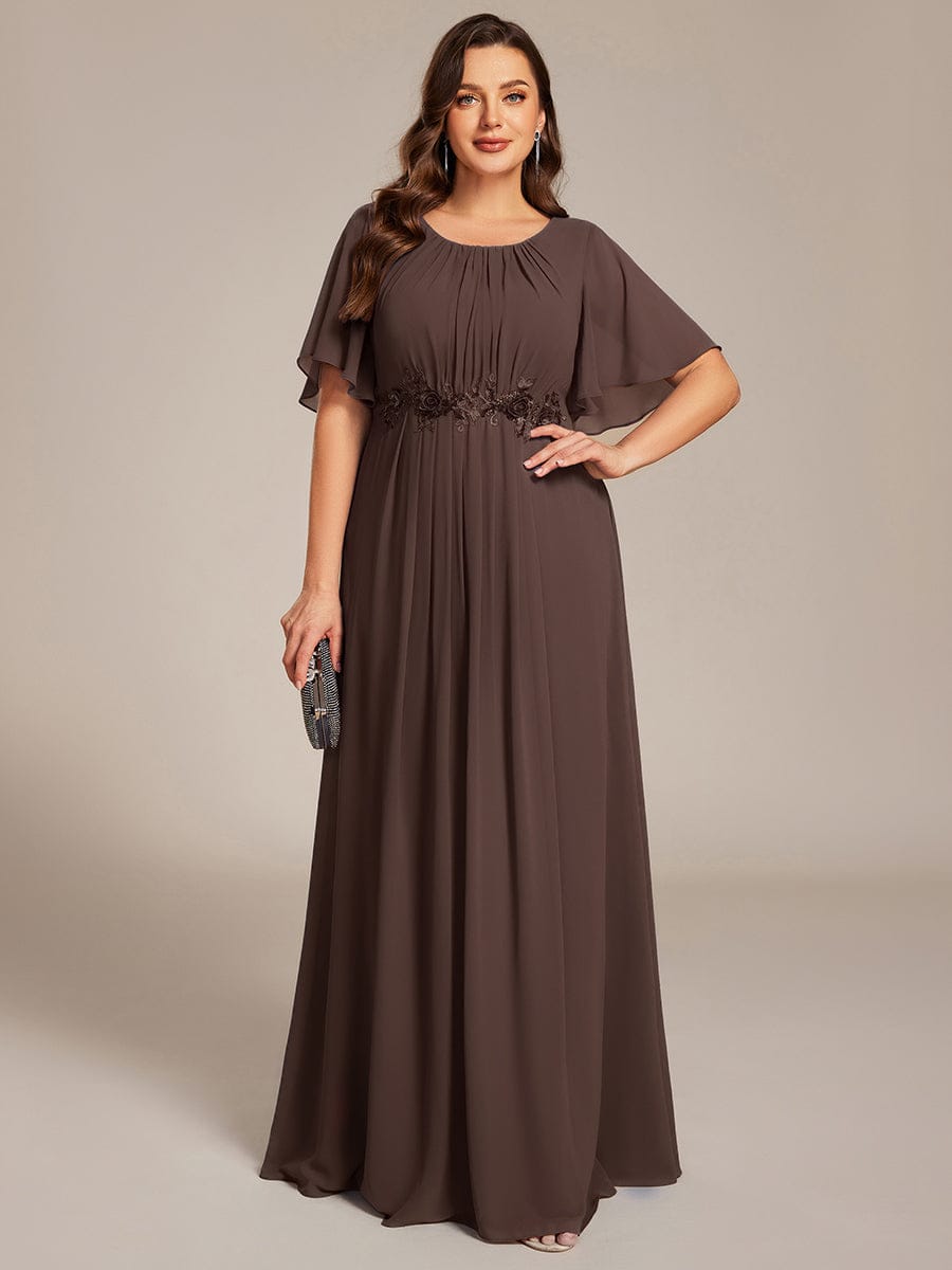 Pleated Short Sleeve Ruffled Maxi Evening Dress #color_Espresso