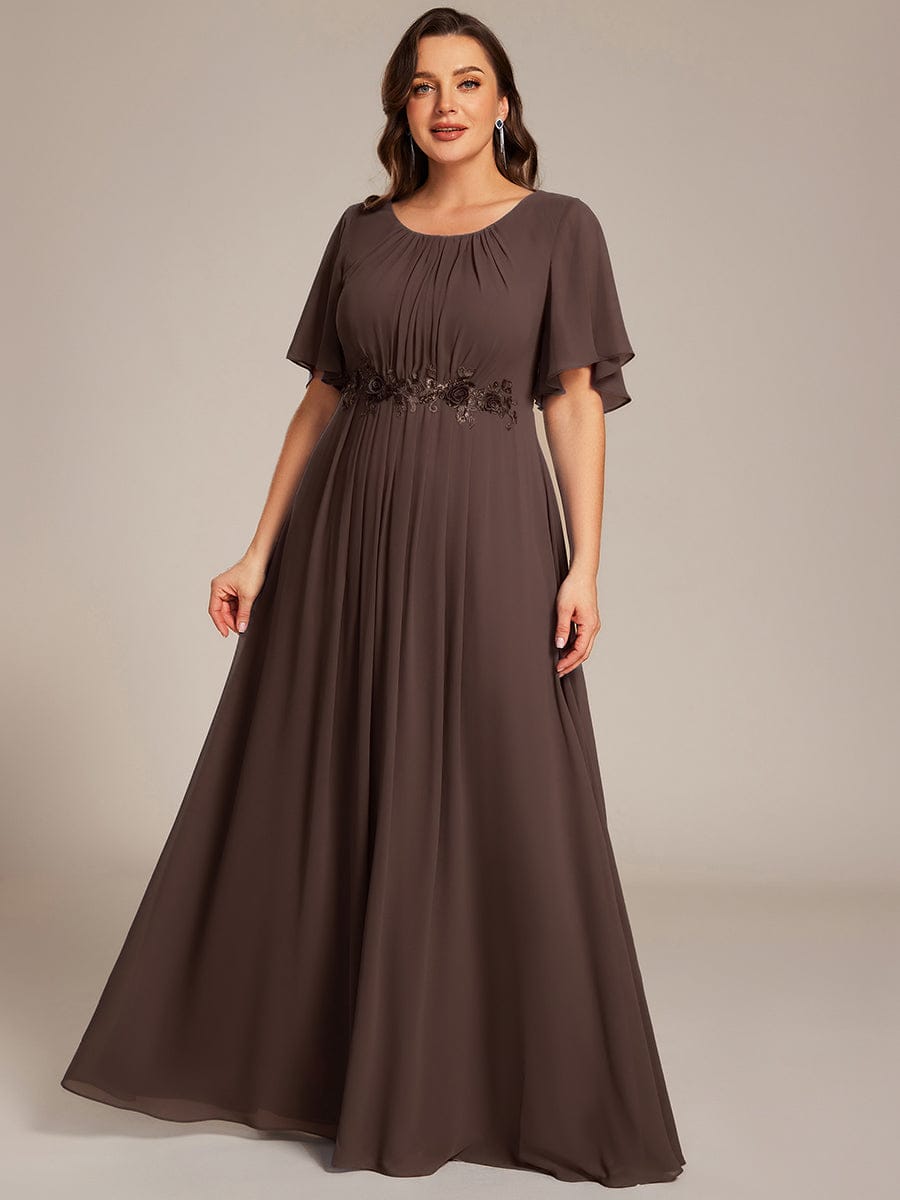 Pleated Short Sleeve Ruffled Maxi Evening Dress #color_Espresso