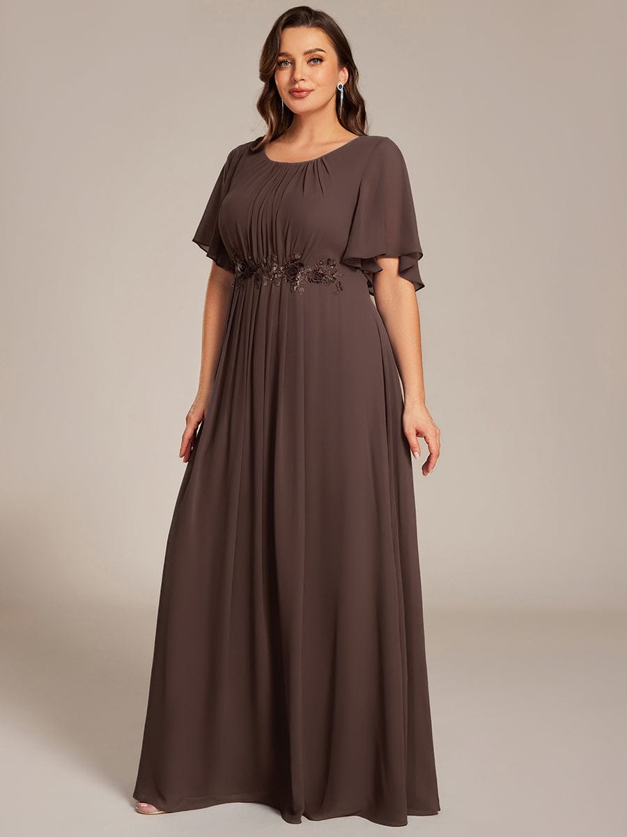Pleated Short Sleeve Ruffled Maxi Evening Dress #color_Espresso
