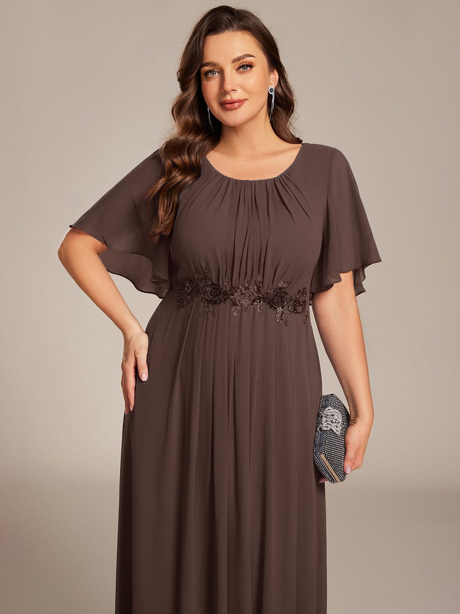 Pleated Short Sleeve Ruffled Maxi Evening Dress #color_Espresso