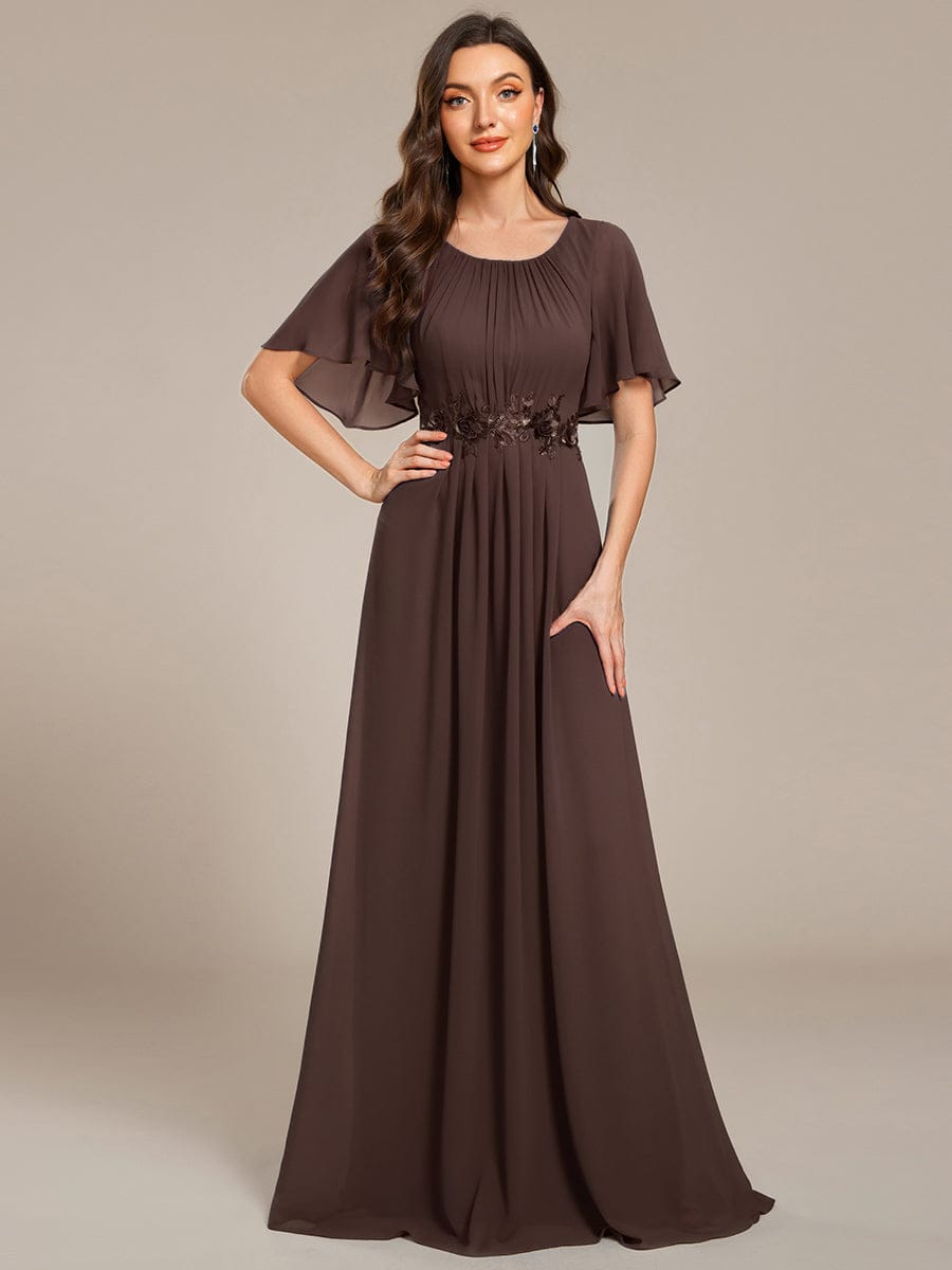 Pleated Short Sleeve Ruffled Maxi Evening Dress #color_Espresso