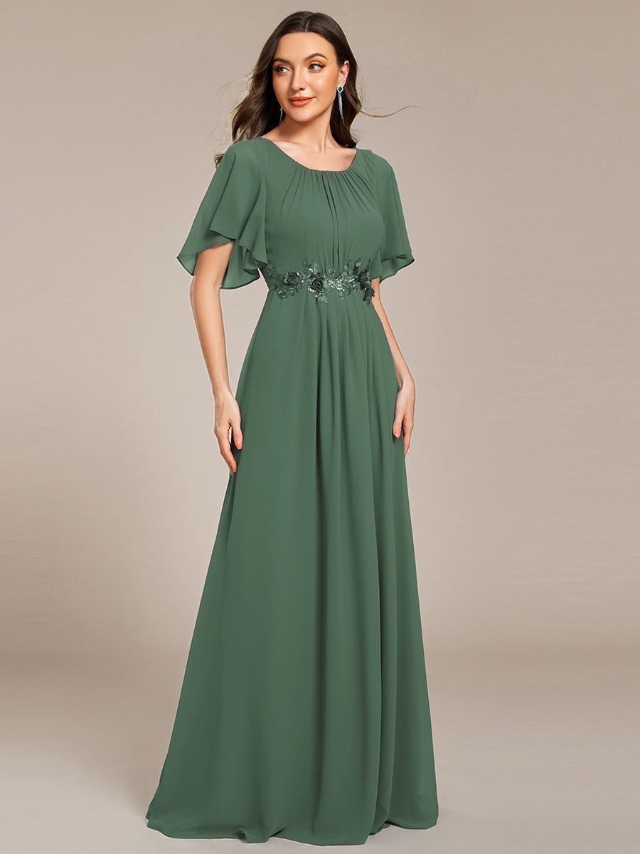 Pleated Short Sleeve Ruffled Maxi Evening Dress #color_Eucalyptus Green