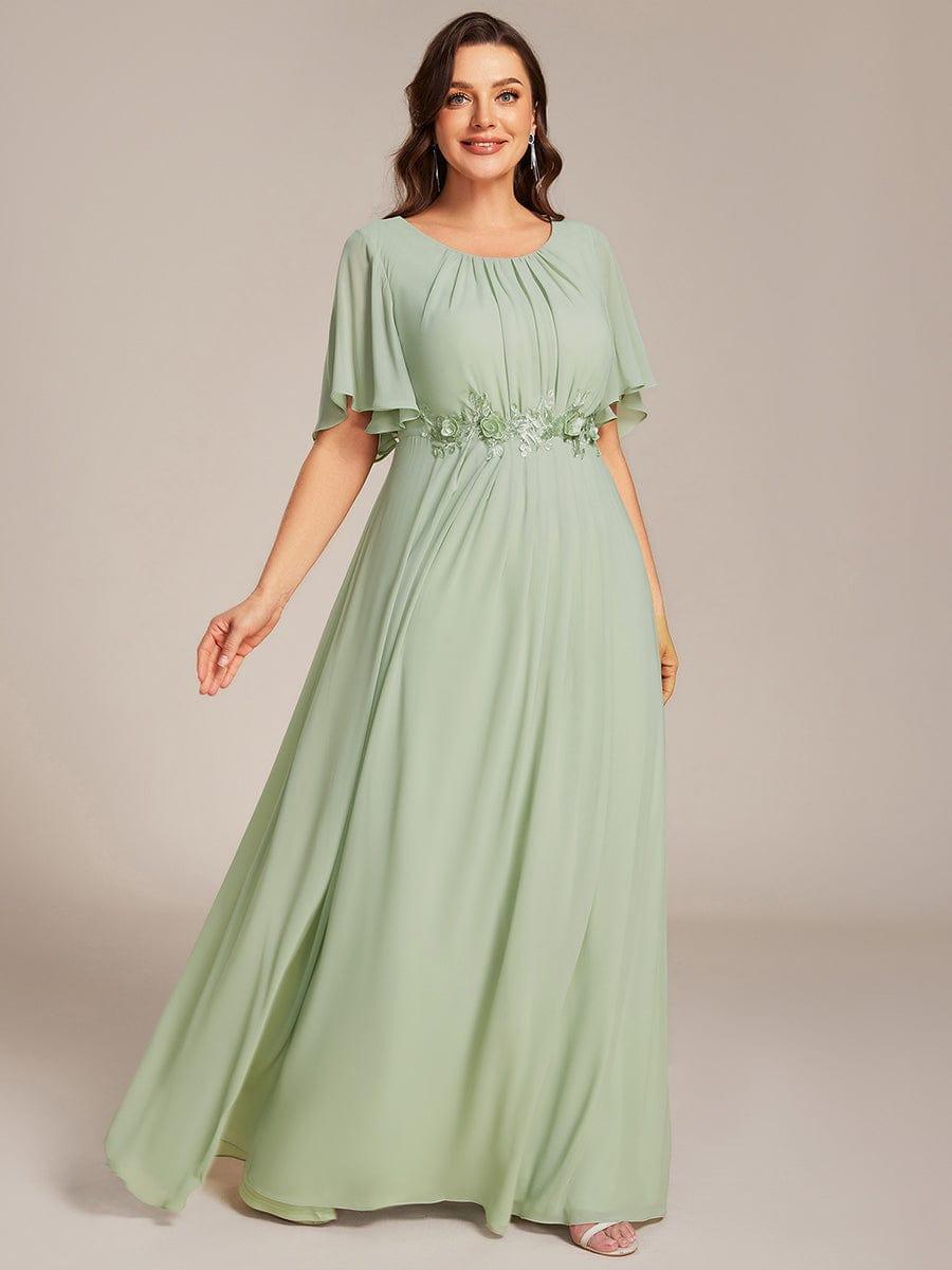 Plus Size Pleated Short Sleeve Ruffled Maxi Evening Dress #color_Mint Green